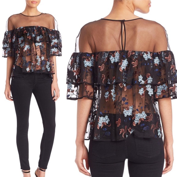 cinq a sept Tops - Cinq a Sept Korus Floral Ruffle Sheer Top XS